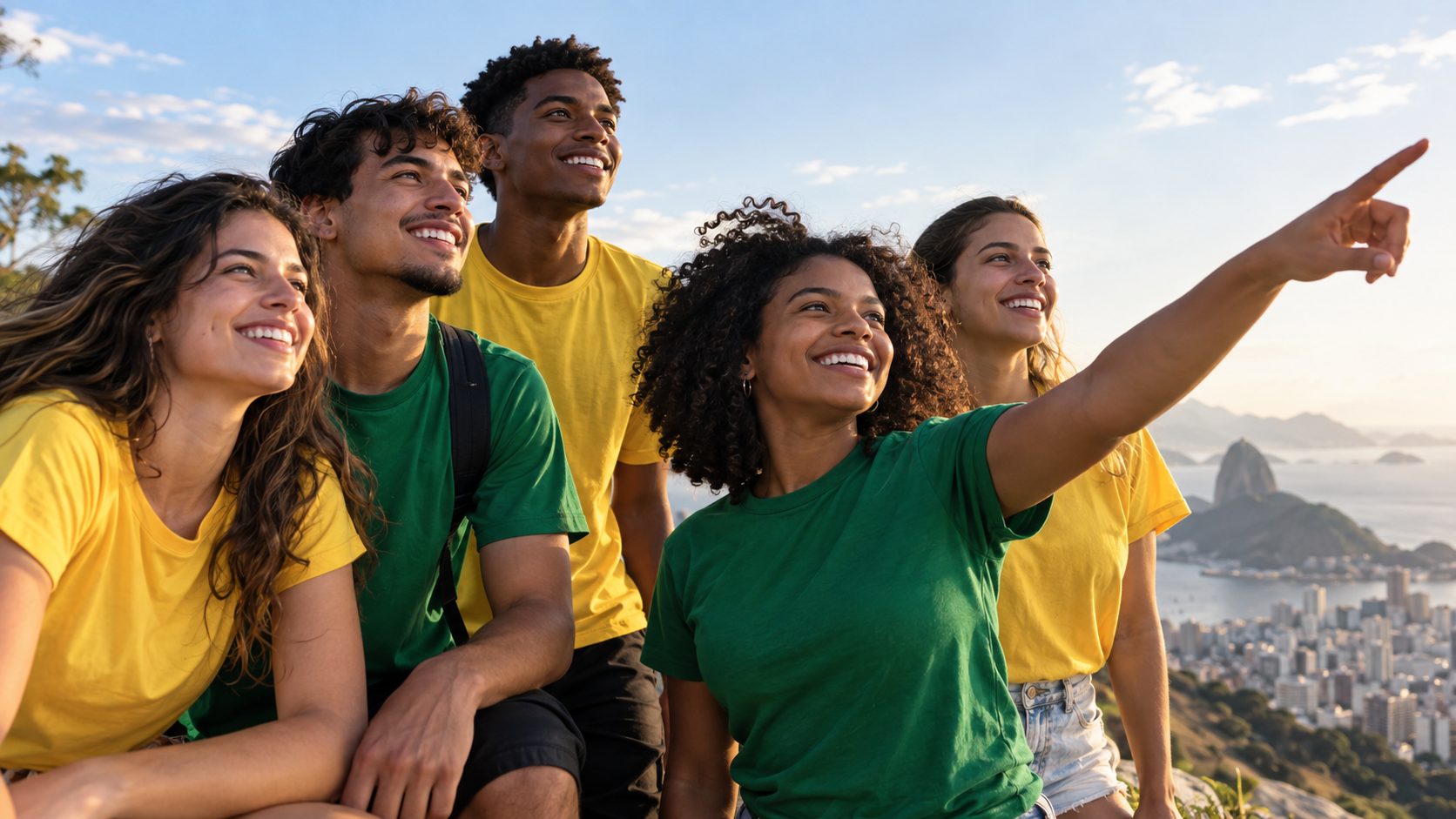 Jovens de verde e amarelo olhando e apontando para frente